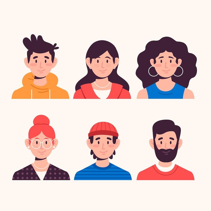 people with different hairs and beards are depicted in this flat design style, including one man