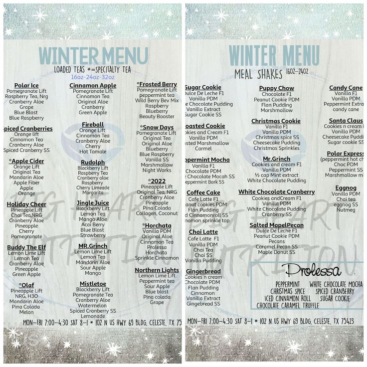 the menu for winter menu is shown in blue and white