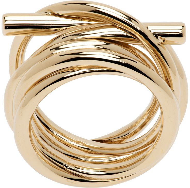 Tiered band ring in gold-tone brass. Knotted detailing at face. Supplier color: Yellow Latina Jewelry, Layered Rings, Unusual Rings, Face Logo, Classic Jewelry, Jewelry Inspo, Sterling Silver Bands, Gold Bangles, Modern Jewelry