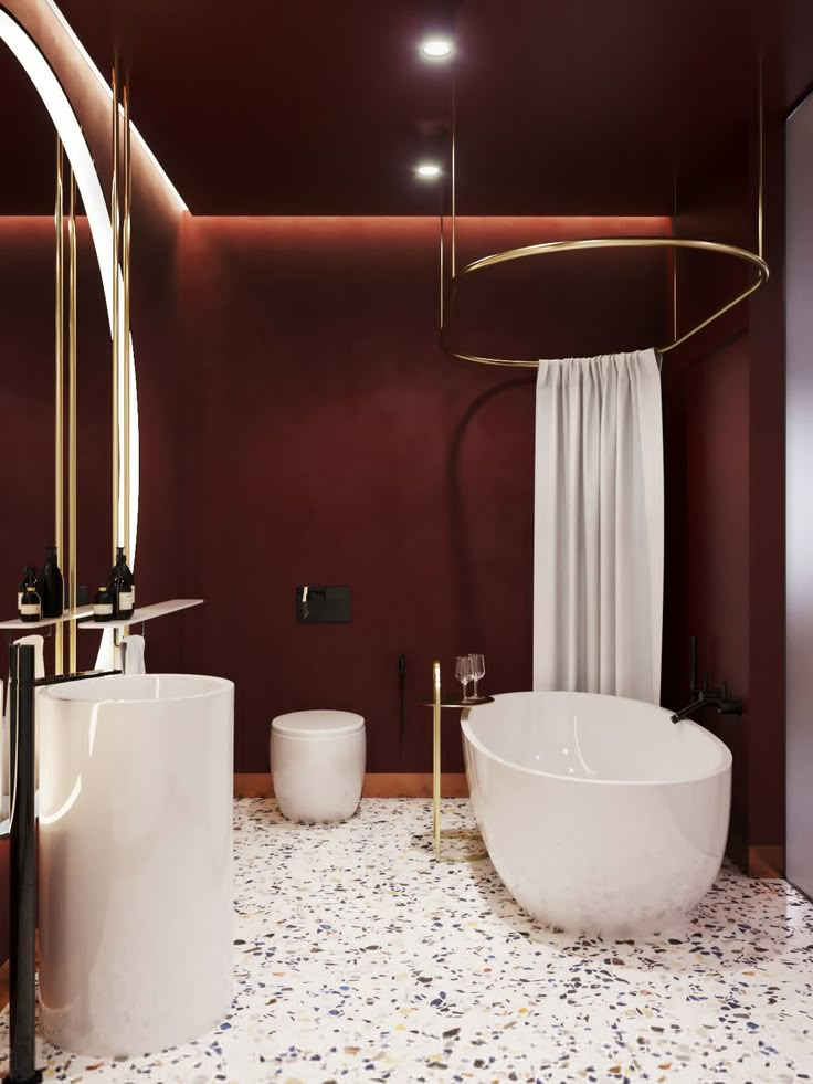 a bathroom with two sinks and a bathtub in the middle, along with a large mirror on the wall