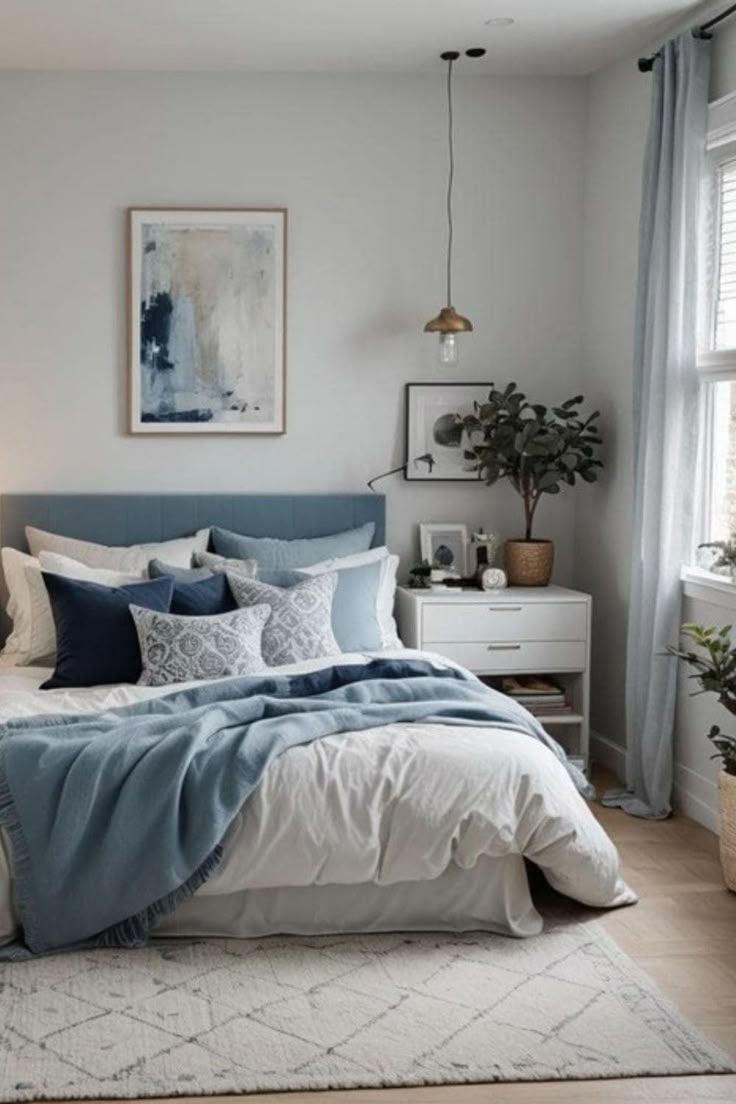 a bedroom with white walls and blue bedding, potted plants on the floor