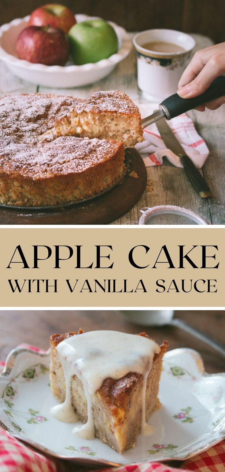 an apple cake with vanilla sauce on a plate