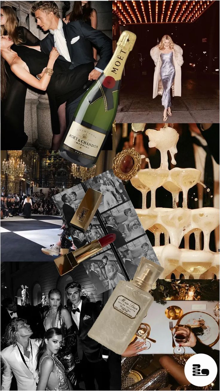 the collage shows many different pictures and people in formal wear, including champagne bottles