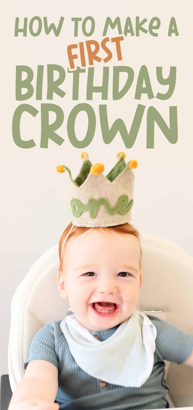 a baby sitting in a high chair with a birthday crown on it's head