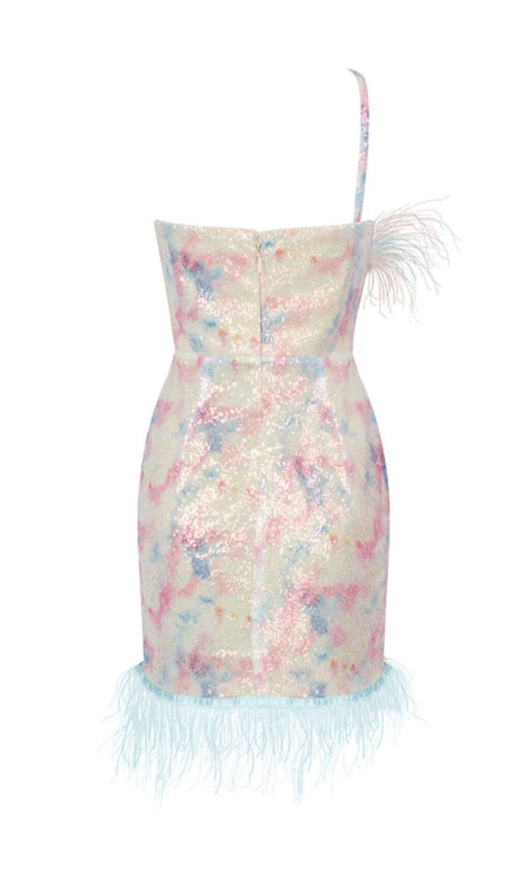 Feather Sequin Mini DressLooking for a dress that will make you stand out from the crowd? Our Feather Sequin Mini Dress is the perfect choice for you! With its stunning design and high-quality materials, this dress is sure to turn heads wherever you go.Perfect for Any Occasion Whether you're attending a wedding, cocktail party, or evening event, this dress is versatile enough to suit any occasion. Wear it to date nights, festive events, or a girl's night out - you'll look and feel amazing! Premi Summer Mini Dress With Feather Trim, Sleeveless Mini Dress With Feather Trim For Prom, Chic One-shoulder Dress With Feather Trim, One Shoulder Dress With Feather Trim, One-shoulder Dress With Feather Trim, One-shoulder Feather Trim Dress, Spring Formal Dress With Feather Trim, One Shoulder Party Dress With Feather Trim, Fitted Feather Trim Cocktail Dress