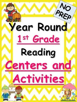 a yellow and white sign that says year round 1st grade reading centers and activities