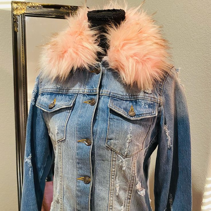 Brand New Fur Collar Removable Fitted Denim Vest For Winter, Trendy Fitted Denim Vest For Winter, Trendy Light Wash Fitted Outerwear, Trendy Fitted Light Wash Outerwear, Trendy Pink Denim Outerwear, Fitted Pink Denim Outerwear, Pink Fitted Denim Outerwear, Jean Jackets, Fur Collar