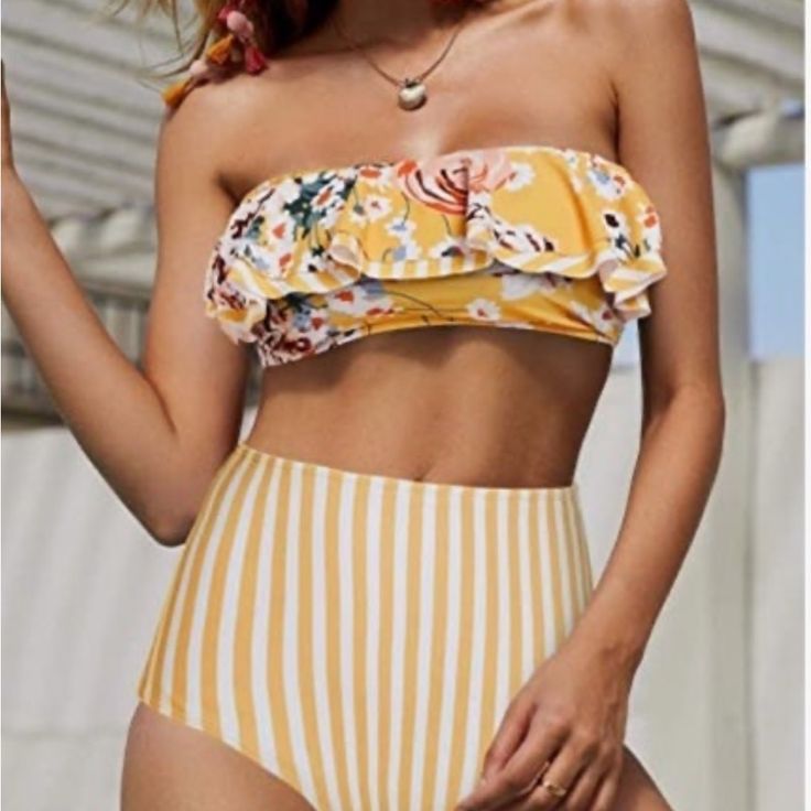 Size S Top Yellow Floral Bottom Red White Striped 2 Piece Set Yellow Bandeau Swimwear For Summer, Yellow Strapless Swimwear For Poolside, Summer Bandeau Swimwear With Ruffles, Yellow Strapless Swimwear For Summer, Bandeau Swimwear With Ruffles For Summer, Ruffled Bandeau Swimwear For Summer, Yellow Strapless Swimwear For Beach, Yellow Strapless Beachwear Swimwear, Yellow Strapless Swimwear For Beach Party