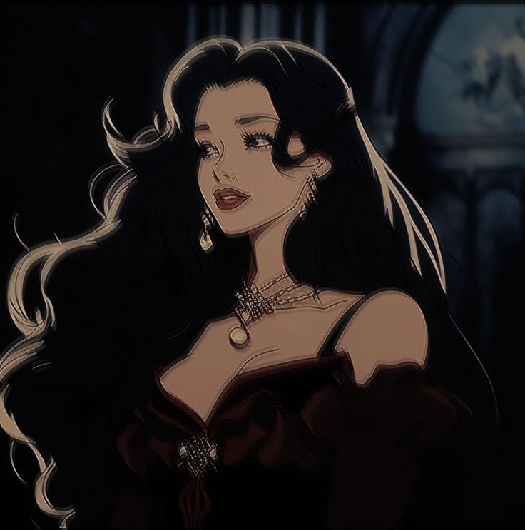 an animated image of a woman with long black hair wearing a red dress and diamond earrings