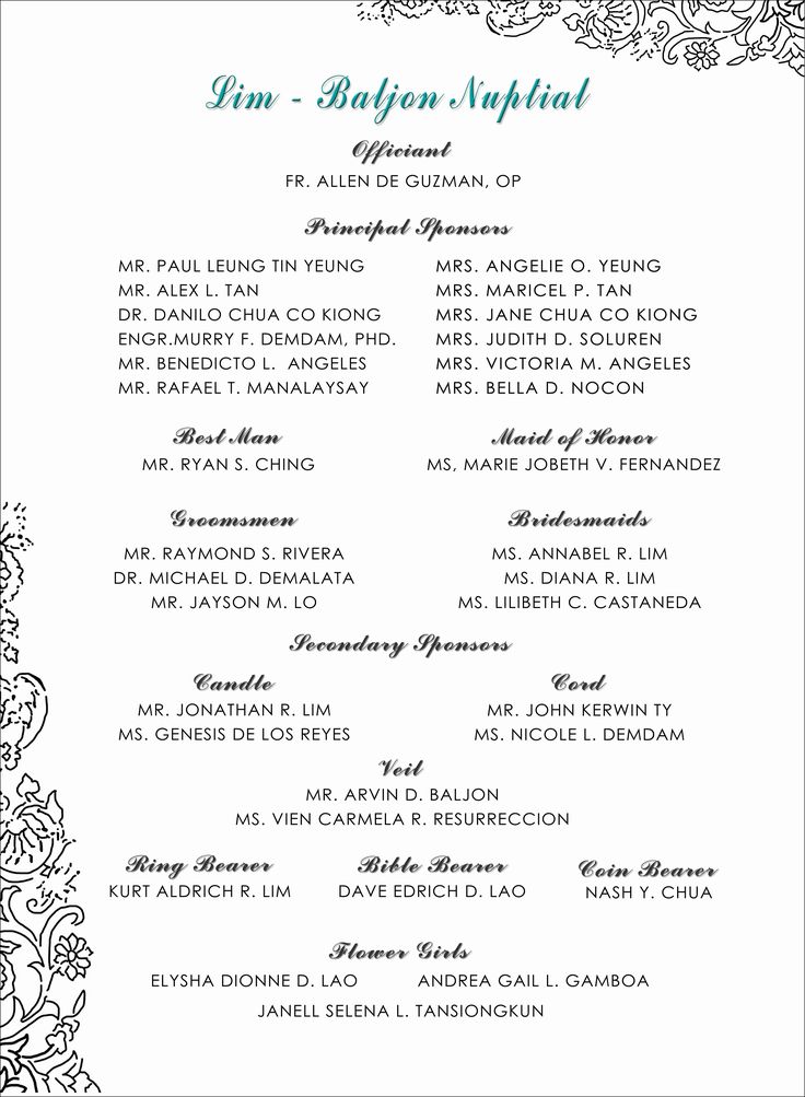 an ornate wedding program is shown in black and white, with green trimmings