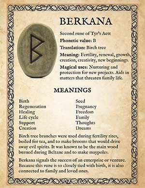 a stone with the words berkana on it and an image of a celtic symbol