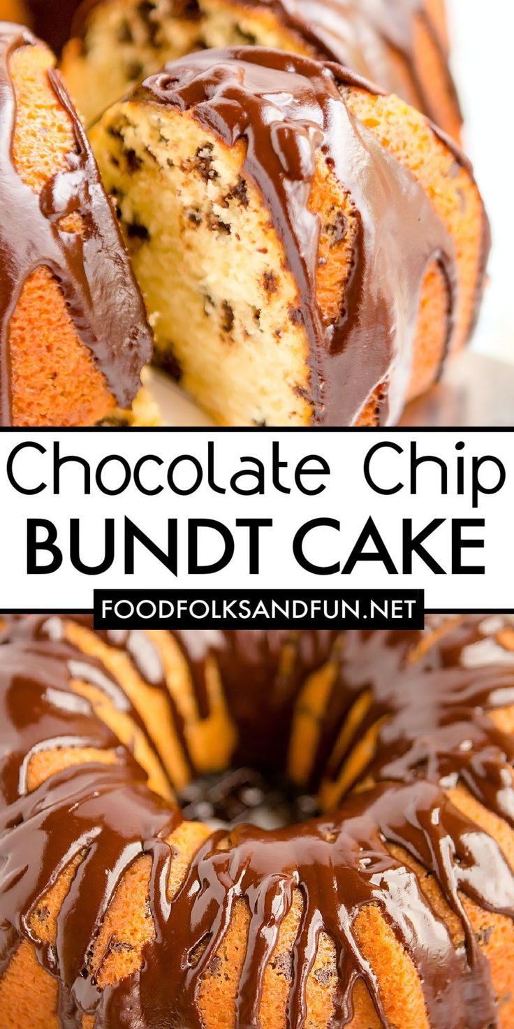 a chocolate chip bundt cake is cut in half and has been drizzled with chocolate