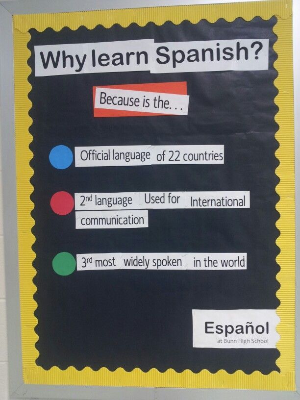 a bulletin board with words and pictures on it that say, why learn spanish? because is the official language of 22 countries