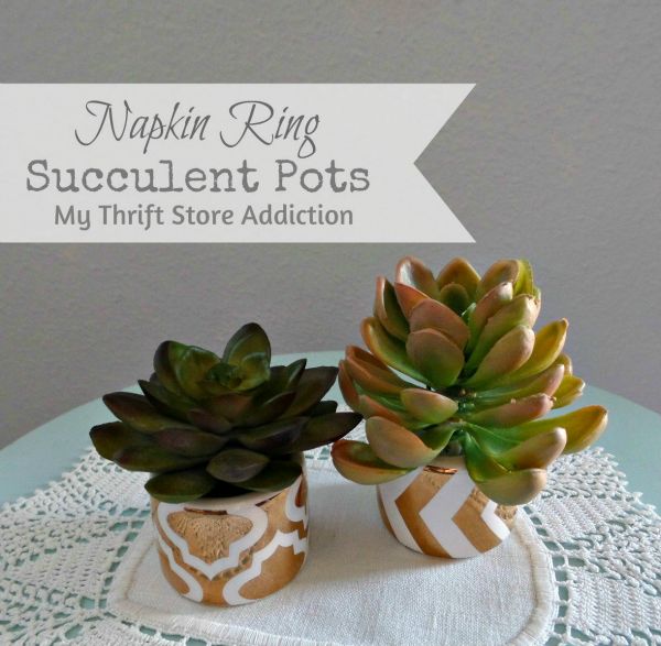 two succulent pots sitting on top of a doily with the words, napkin ring succulent pots my thrift store addition