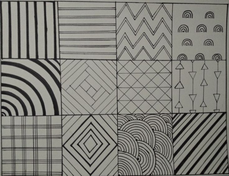 a black and white drawing of many different patterns