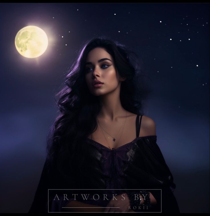 a woman with long hair standing in front of the moon