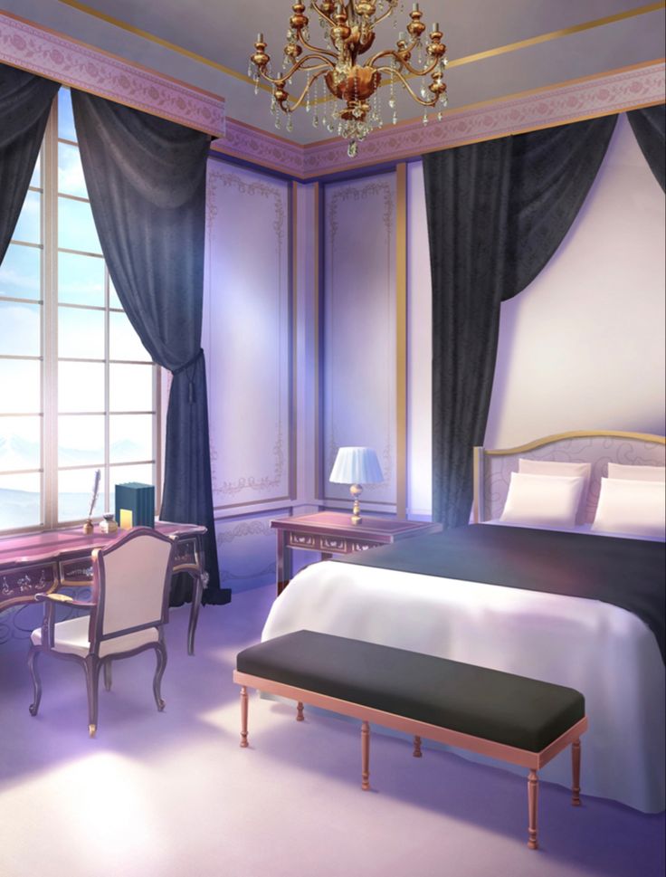 a bedroom with a chandelier, bed and desk in it