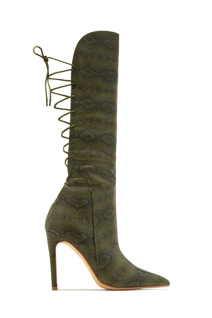 Miss Lola | Eve Green Snake Back Lace Up Knee High Boots – MISS LOLA Eve Green, Lace Up Knee High Boots, Gold Shoes Heels, Platform Combat Boots, Single Sole Heels, Shoe Model, Flat Booties, Miss Lola, Thigh Boots