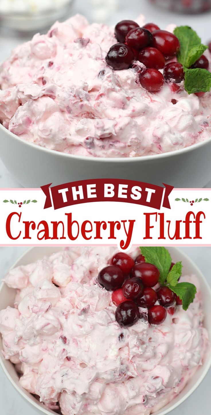 two bowls filled with cranberry fluff and garnished with fresh cherries