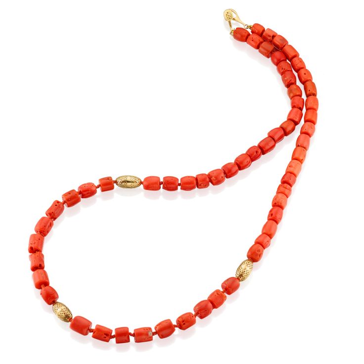 This vibrant branch coral necklace is a celebration of this beautiful oceanic material. It is strung with our signature crownwork® olives and amphoras and finished with a gold lillypad clasp. This is the perfect piece to layer with other necklaces or wear as a statement on its own. MATERIAL: 18k Yellow Gold STONE TYPE: Coral DIMENSIONS: 24" Elegant Hand-strung Coral Necklaces, Elegant Coral Hand-strung Necklaces, Elegant Hand-strung Coral Necklace, Elegant Single Strand Coral Beads, Elegant Single Strand Red Coral Necklaces, Elegant Coral Necklaces With Large Beads, Elegant Single Strand Red Coral Necklace, Elegant Orange Hand-strung Necklace, Elegant Coral Beaded Necklaces With Large Beads