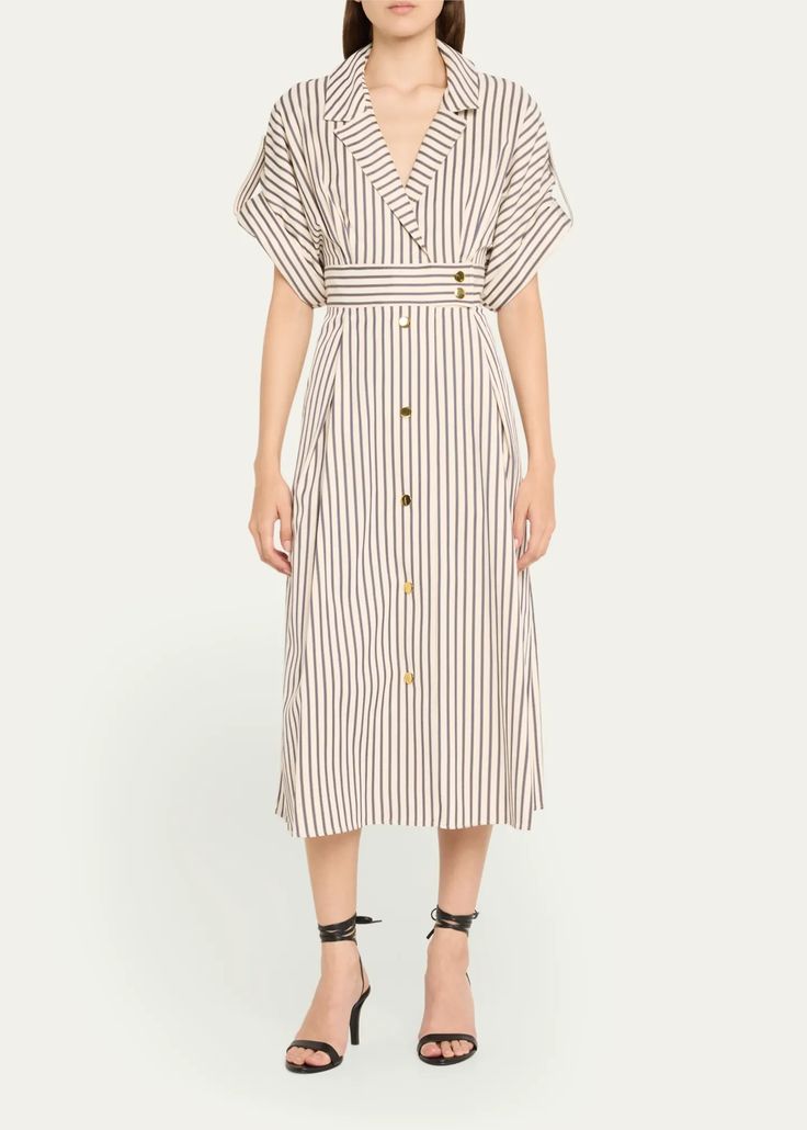 Carolina Herrera Striped Belted Shirtdress with Gold-Tone Buttons - Bergdorf Goodman Evening Flats, Cocktail Jacket, Striped Shirt Dress, Plunge Neckline, Notched Collar, Shirtdress, Platform Pumps, Carolina Herrera, Lingerie Sleepwear