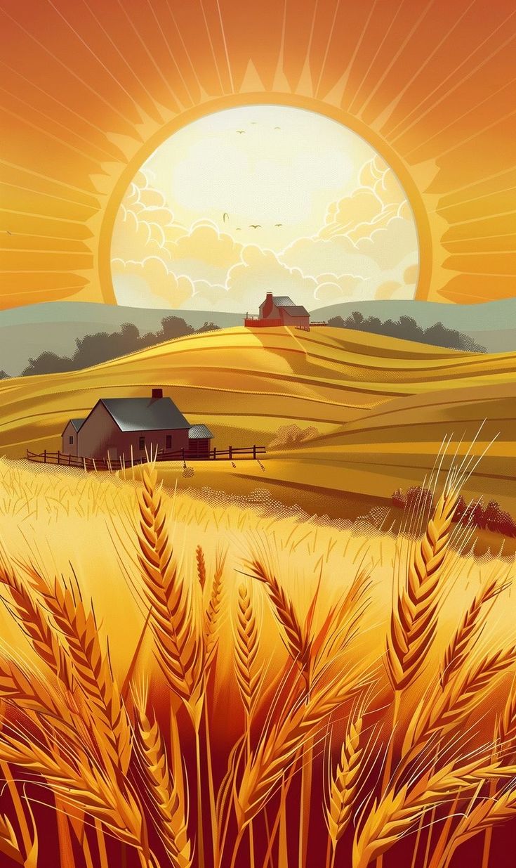 the sun is setting over a wheat field with houses in the distance, and an orange sky