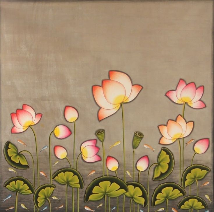 a painting of pink flowers and green leaves in front of a gray background with water lilies