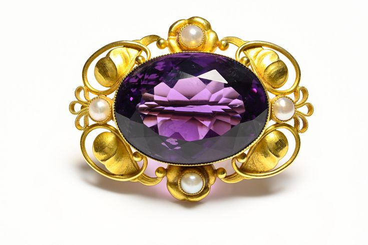 Georg Jensen 18K Gold Amethyst Pearl Brooch Georgian Jewelry, Antique Locket, Gold Brooch, Art Pendant, Gold Brooches, Georg Jensen, Pearl Brooch, Pearl Set, Antique Jewellery