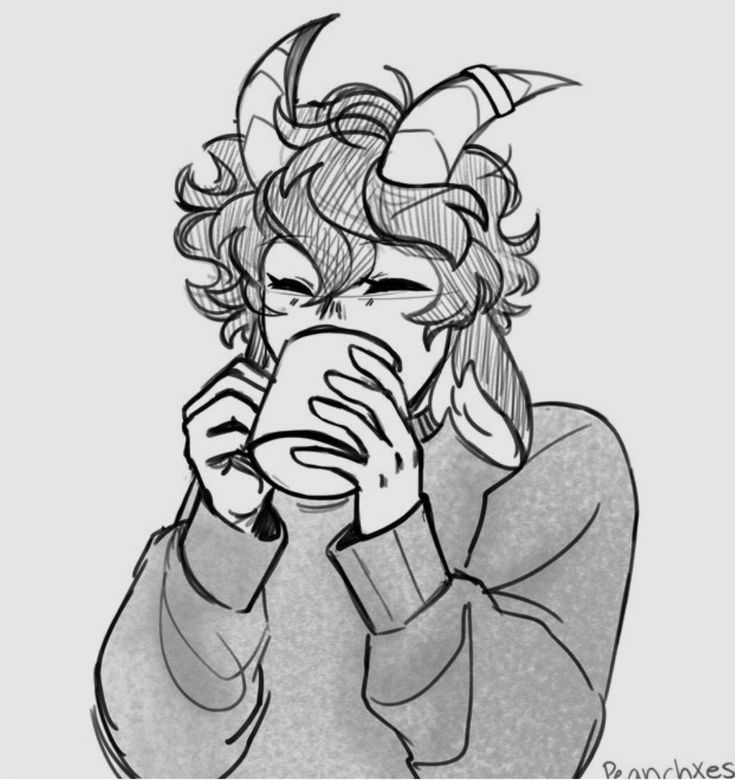 a drawing of a woman drinking from a cup with horns on her head and holding a mug