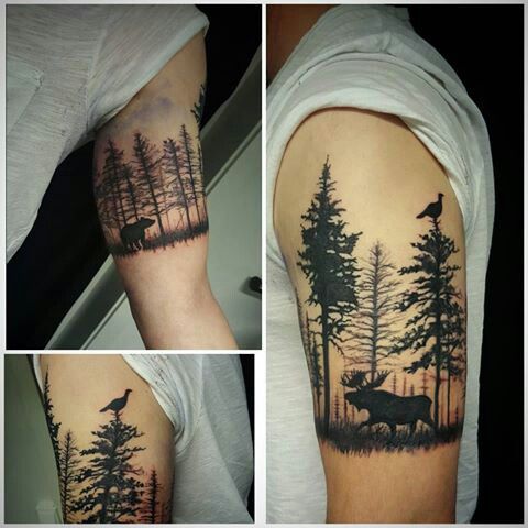 four different views of a man's arm with trees and animals in the woods