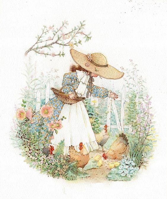 an illustration of a woman in a hat and dress walking through a flowery garden