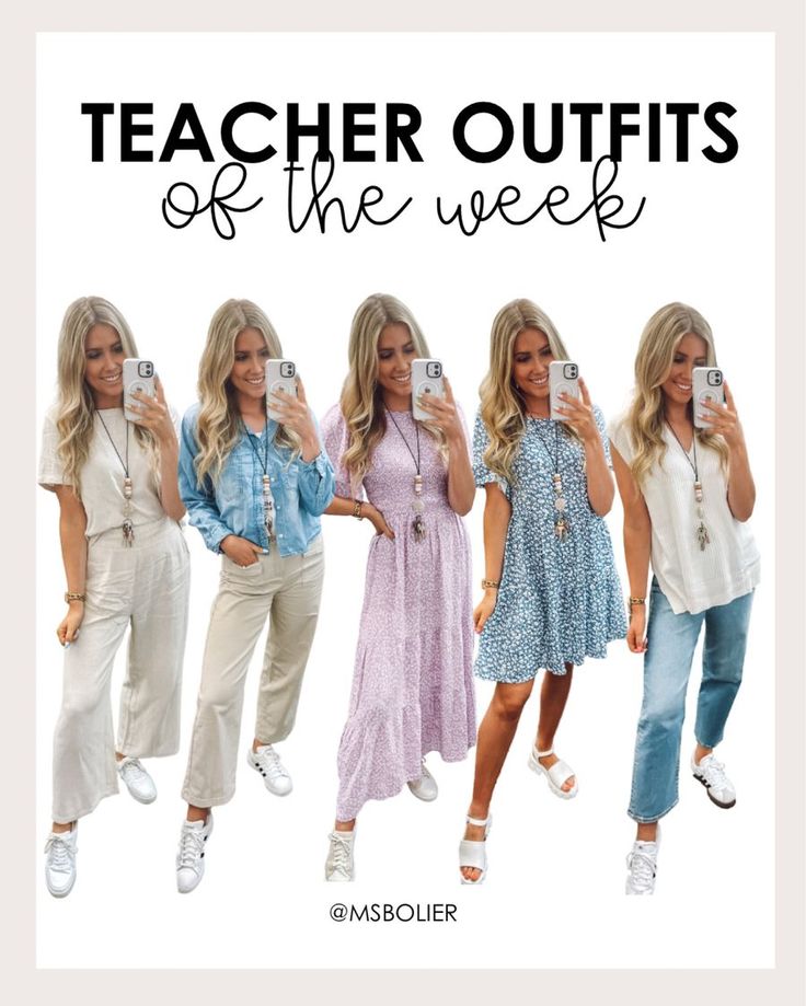 the teacher outfits of the week are all in different colors and styles, including white