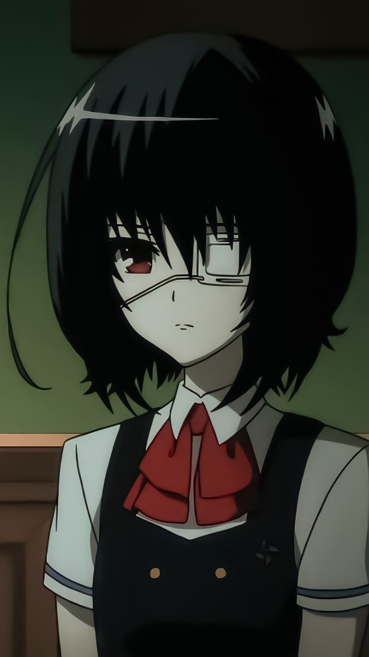 an anime character with black hair and red eyes