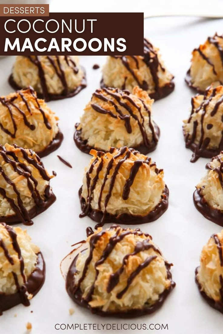 coconut macaroons with chocolate drizzled on top and the title reads, desserts coconut macaroons