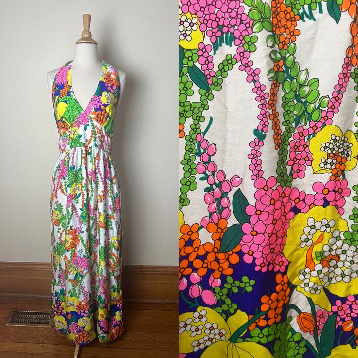 "Vintage 60s unbranded psychedelic halter maxi dress. Gorgeous and delightfully soft 60s floral print halter maxi dress. Brand tags have been cut, so not sure who is responsible for this beauty! Awesome psychedelic print of tulips and daisies in bright yellow, blue, pink, orange, white, and lime green against white background.  Zip closure at back, with adjustable halter tie at neck and elastic at top of back, making the bust area flexible for sizing. Plunge neckline. Empire seam below bust with gentle pleating, full, floor length skirt, open back. Upper portion of dress is fully lined.  Material not listed, but so soft, feels like cotton, or maybe a cotton/poly blend. Lining is likely acetate. No size tag, but would fit up to a modern size 6. Great vintage condition, hem is coming slightl Multicolor Spring Halter Maxi Dress, Spring Multicolor Maxi Halter Dress, Multicolor Maxi Halter Dress For Spring, Spring Retro Print Maxi Dress, Spring Maxi Dress With Retro Print, Multicolor Retro Print Maxi Dress For Spring, Retro Multicolor Maxi Dress For Spring, Multicolor Floral Print Maxi Halter Dress, Spring Hippie Printed Maxi Dress