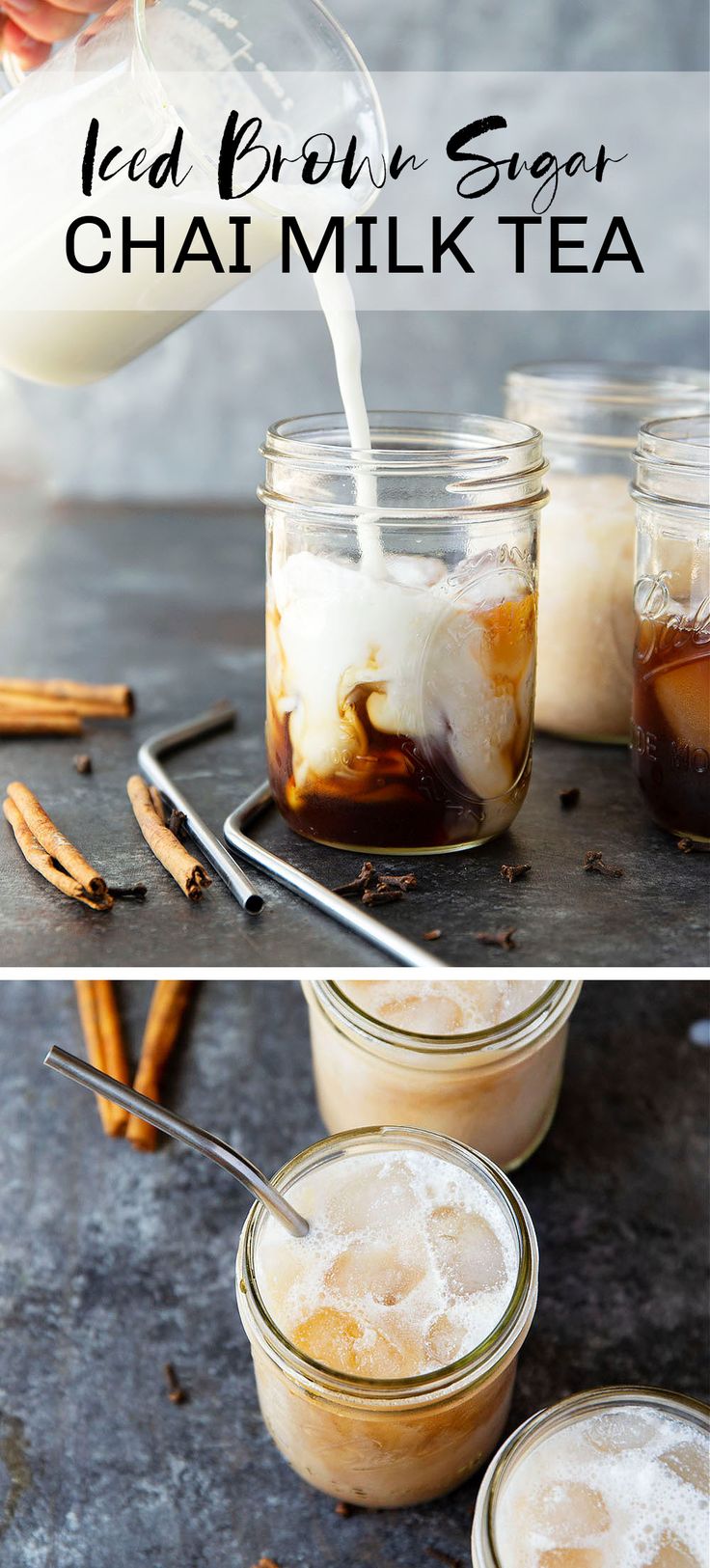 iced brown sugar chai milk tea in mason jars with cinnamon sticks on the side