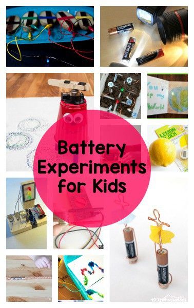 the words battery experiments for kids are shown above pictures of electronic devices and wires, with text overlay