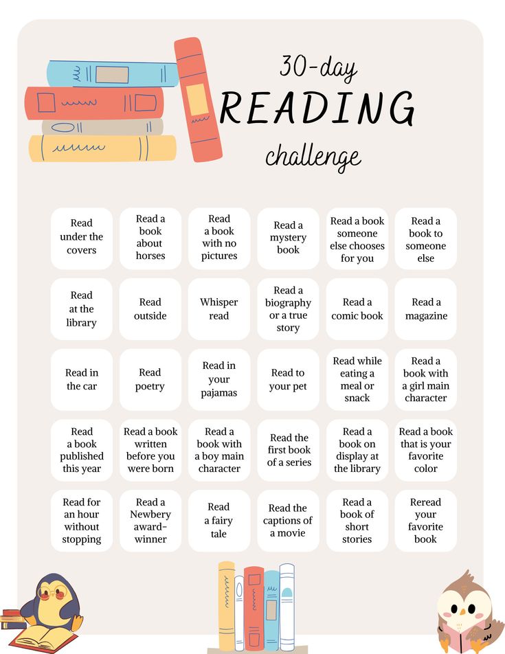 the 30 day reading challenge with books and owls