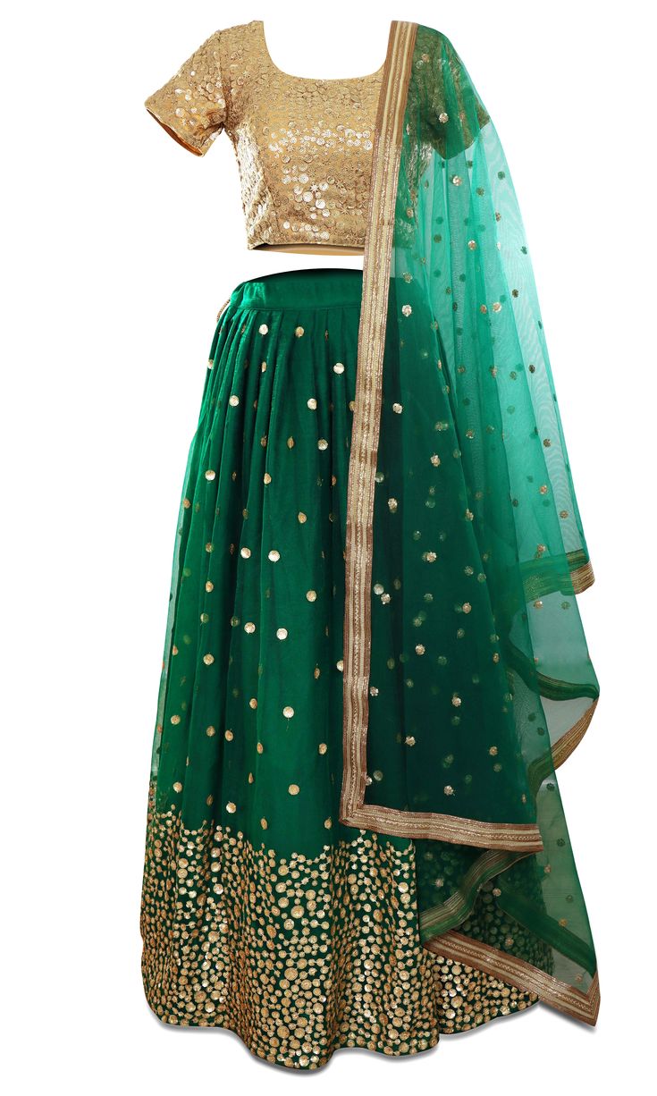 Gorgeous gold and green lehenga, 3-piece set. The blouse is covered in beautiful gold sequined embroidery. Festive Green Anarkali Set For Reception, Green Festive Sets For Reception, Green Festive Sets For Receptions, Festive Green Sets For Reception, Green Sharara For Reception And Navratri, Pista Green Lehenga With Sequins For Wedding, Green Festive Set For Reception, Green Kundan Sharara For Eid, Festive Pista Green Anarkali Set With Sequins