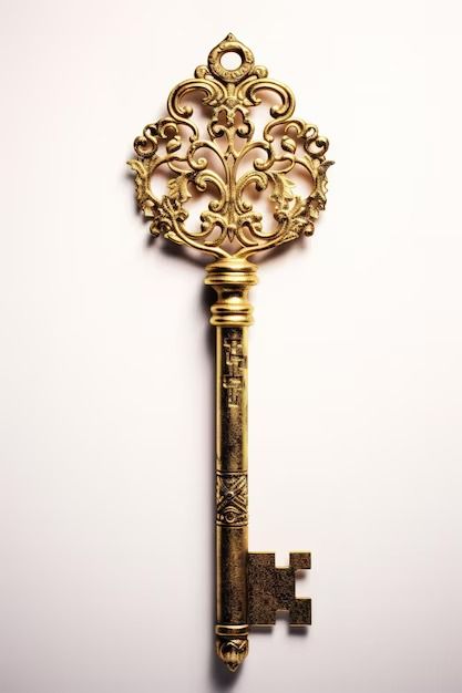 an ornate gold key on a white background