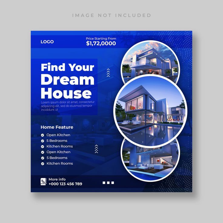 a blue flyer for a real estate with three houses on the front and one in the back