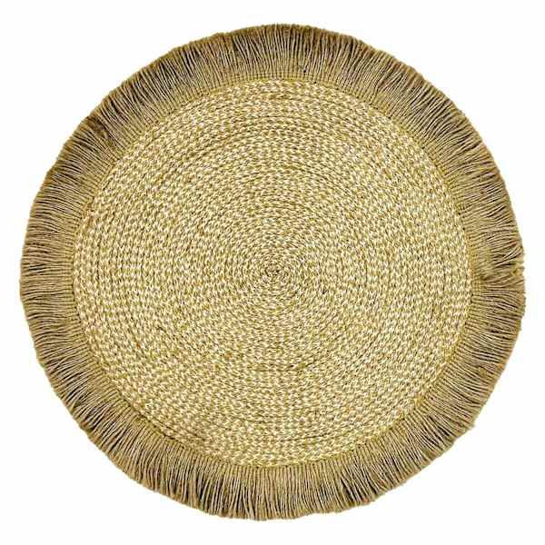 a round woven placemat on a white background