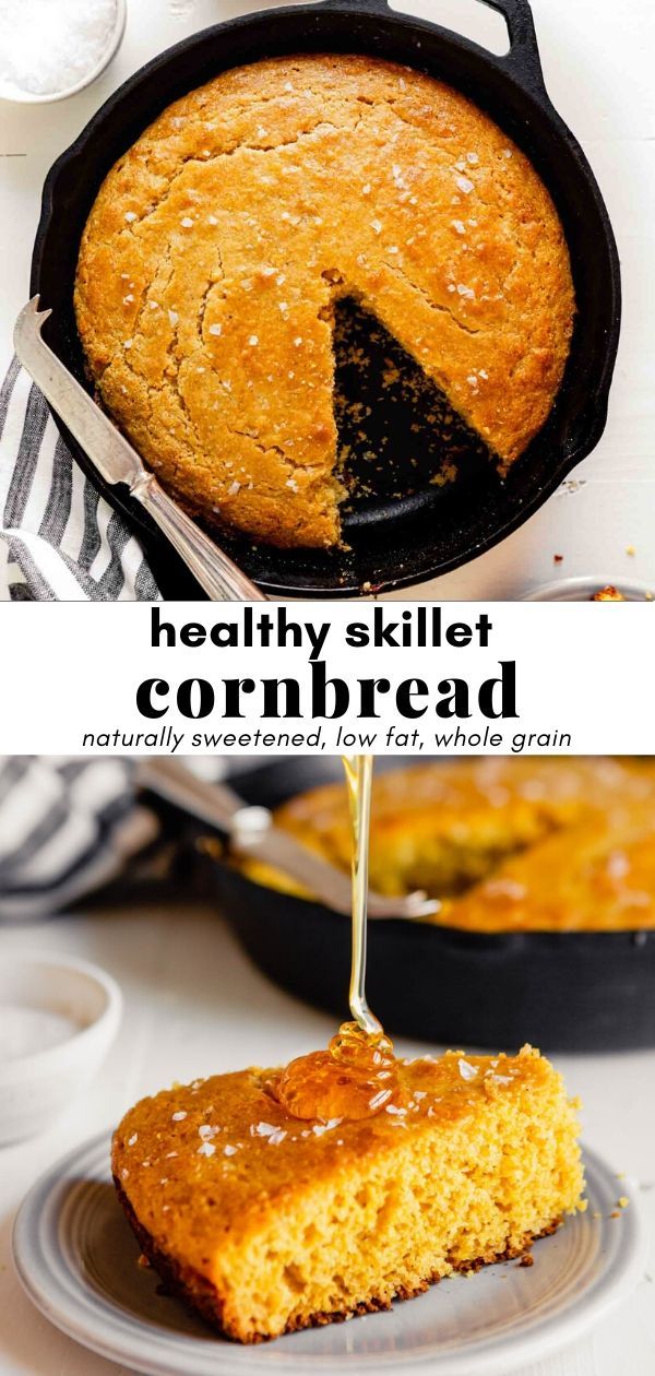 a skillet filled with cornbread next to a pan full of cornbread