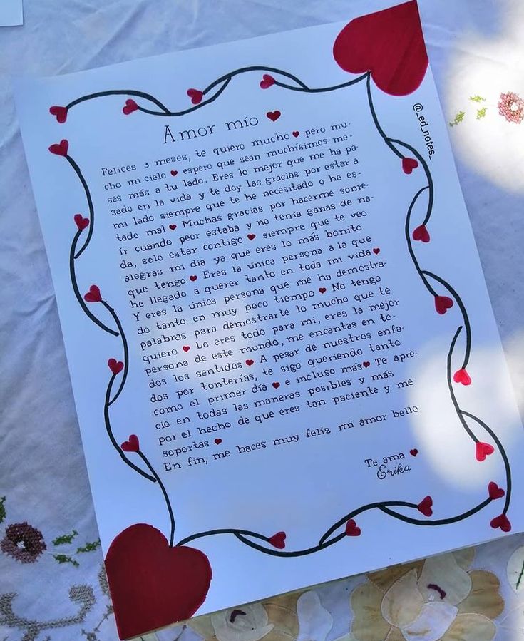 a sheet of paper with red hearts on it and a poem written in the middle