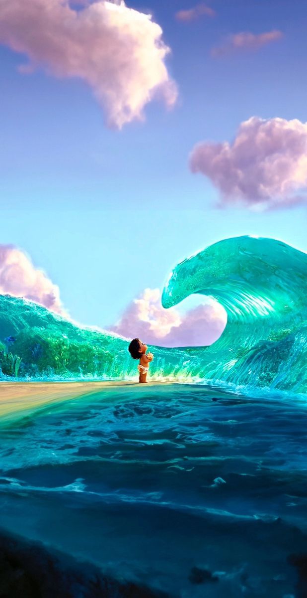 a boy is standing in the ocean with a giant wave behind him