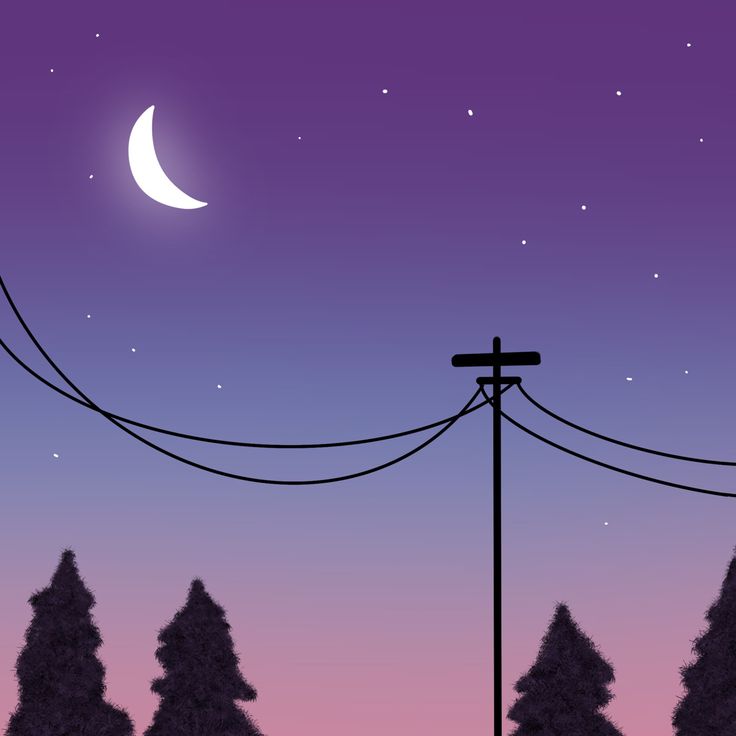 the night sky is purple and full of stars, with power lines running across it