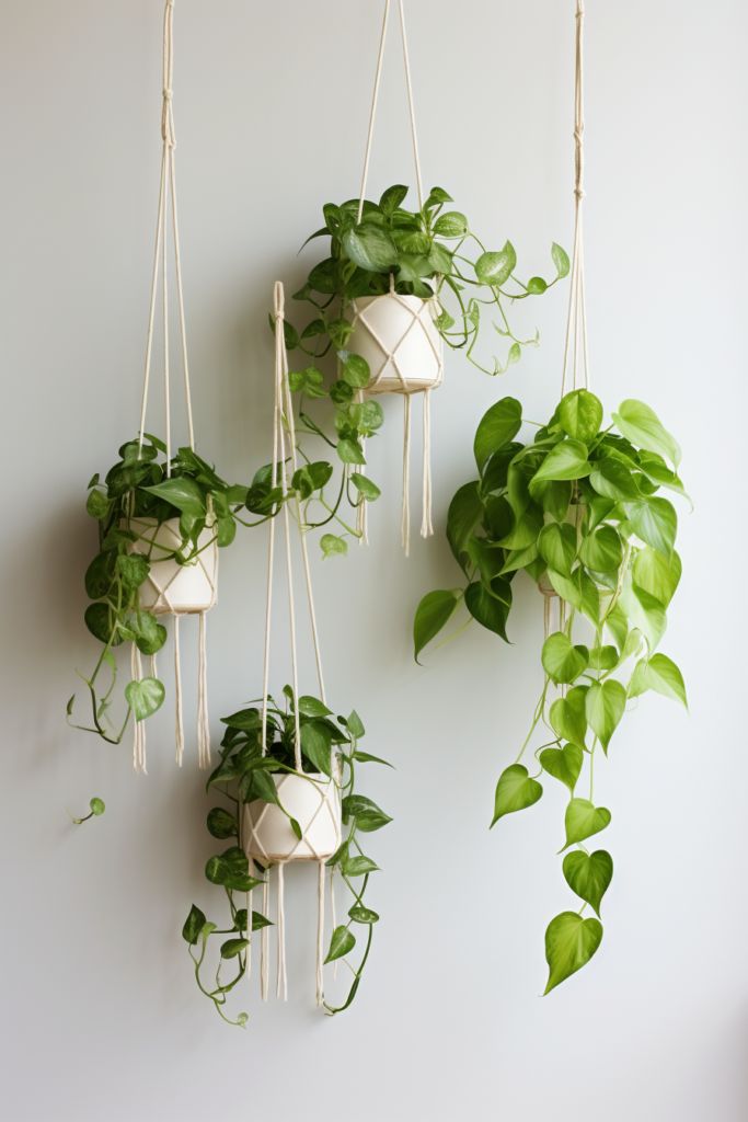 three hanging planters filled with green plants on a wall next to a white wall