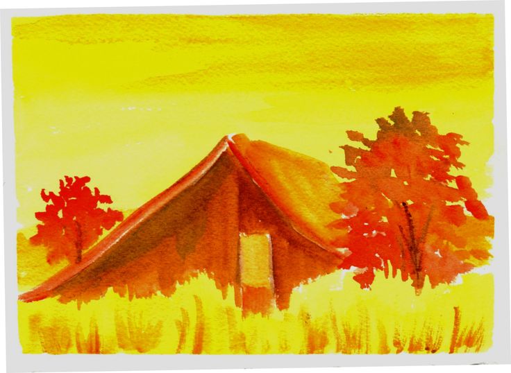 a painting of a house with trees in the foreground and an orange sky behind it