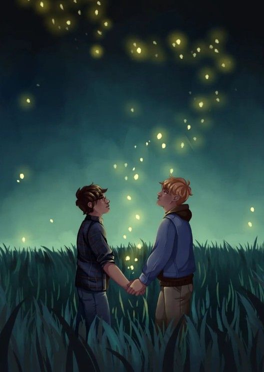 two boys holding hands and looking at fireflies in the sky