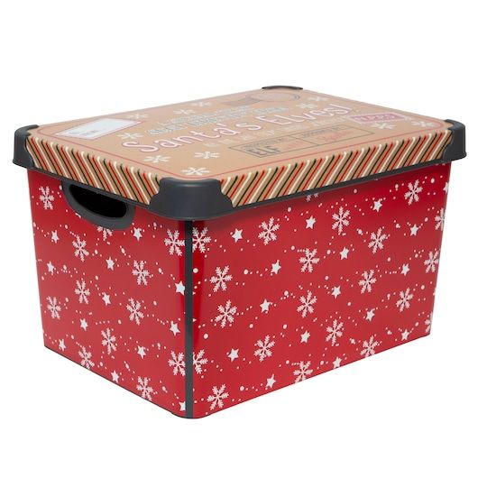 a large red box with snowflakes on it